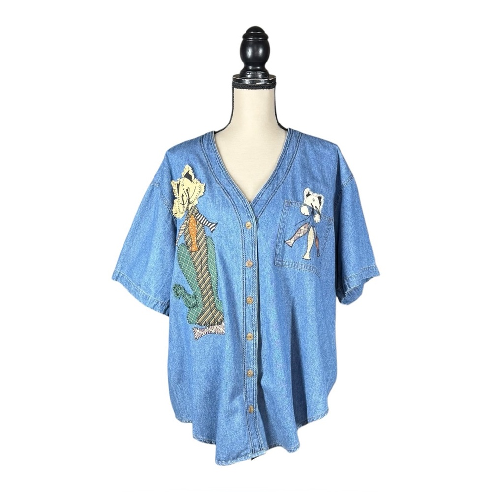 Vintage Chambray Denim Stampede Cat Patchwork Embroidered Button Up Shirt